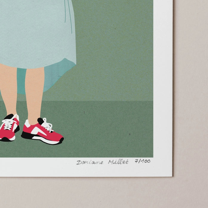 "Feet on the Ground" by Doriane Millet – minimalist illustration of a modern girl in a fairytale-style dress and red sneakers, standing confidently on a muted green background; whimsical and empowering wall art print blending classic and contemporary styles, available at Galerie Frits
