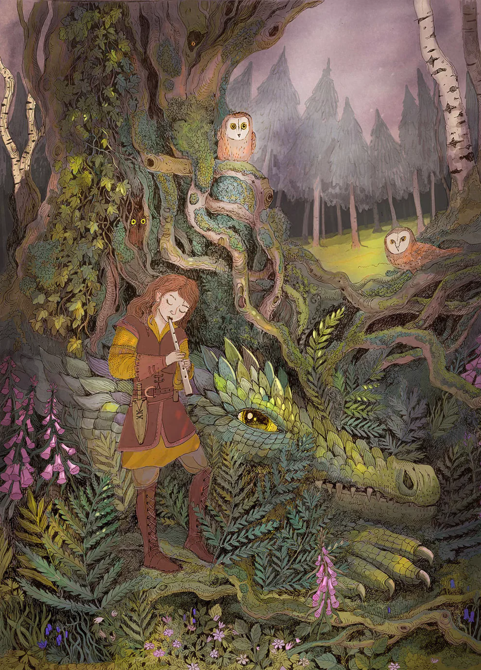 Detailed fantasy forest illustration featuring a musician playing a flute beside a gentle green dragon hidden among lush foliage, owls perched in ancient trees, soft woodland colors and fairytale atmosphere, vertical giclée wall art for cozy home decor.