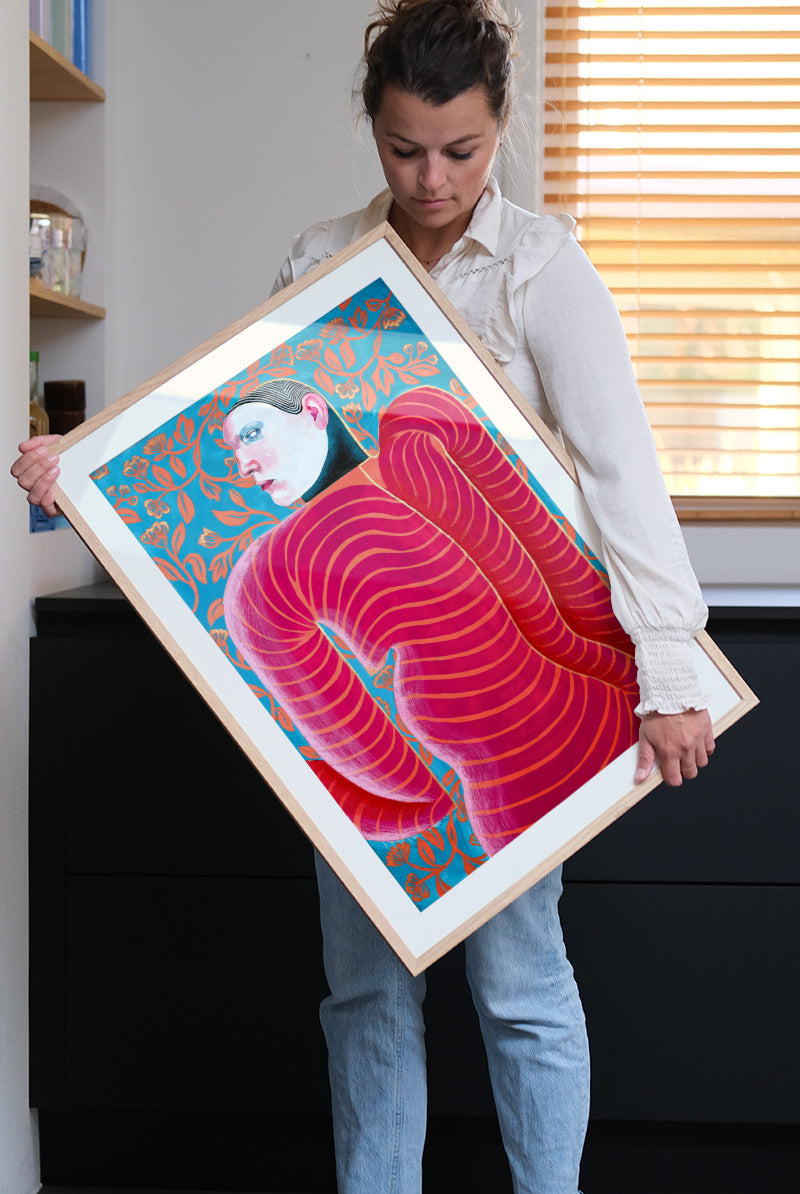 Goddess Of Flirting by Carla Petelski, contemporary figurative digital art print featuring a surreal pink striped female figure against a blue floral background, modern colourful wall art, 50 x 70 cm