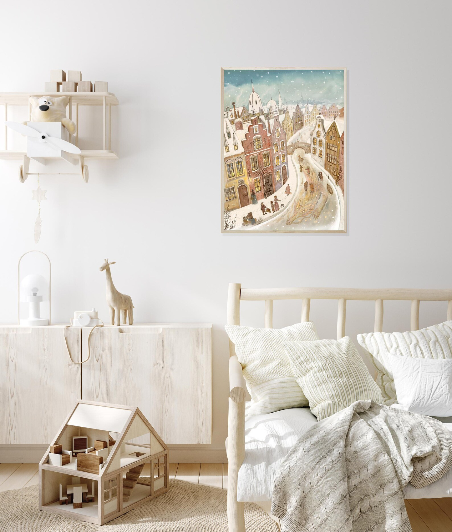 Snow Dragon art print by Lena Yampolski — whimsical winter city illustration featuring a golden dragon sleeping beneath a frozen canal, surrounded by people and snow-covered medieval houses. Cozy fairytale giclée print perfect for Christmas home decor.