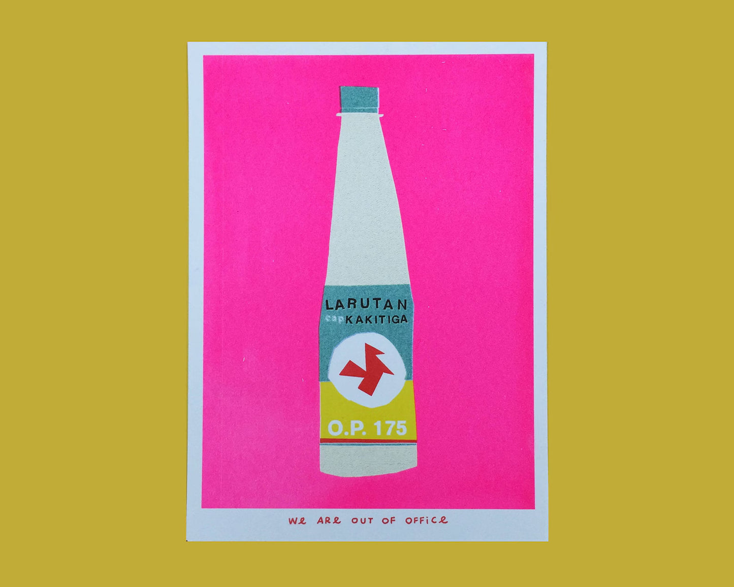 Indonesian Bottle Kakitiga risograph print by We Are Out of Office – colorful minimalist soy-ink artwork on 300g Biotop paper, inspired by Indonesian daily life, printed in the Netherlands.
