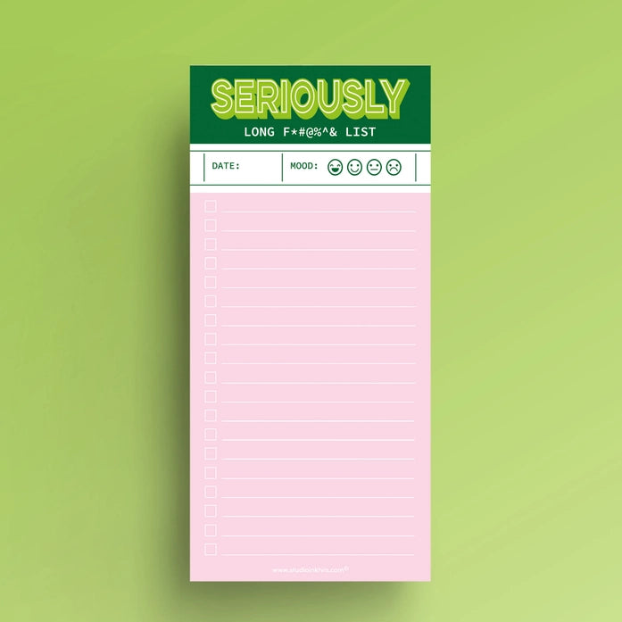 Funny pink and green notepad titled “Seriously Long F#@*%& List” by Studio Inktvis, perfect for extra-long to-do lists, printed in the Netherlands with 50 colorful pages for staying organized with style.
