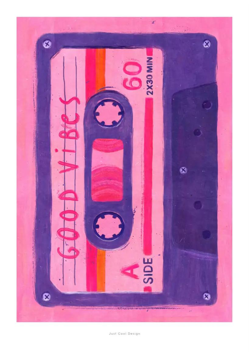 Colorful Giclée art print of a retro pink and purple cassette tape labeled “Good Vibes,” designed by Just Cool Design. 80s-inspired wall art that adds cheerful, nostalgic energy to modern interiors—perfect for music lovers and vintage decor fans.