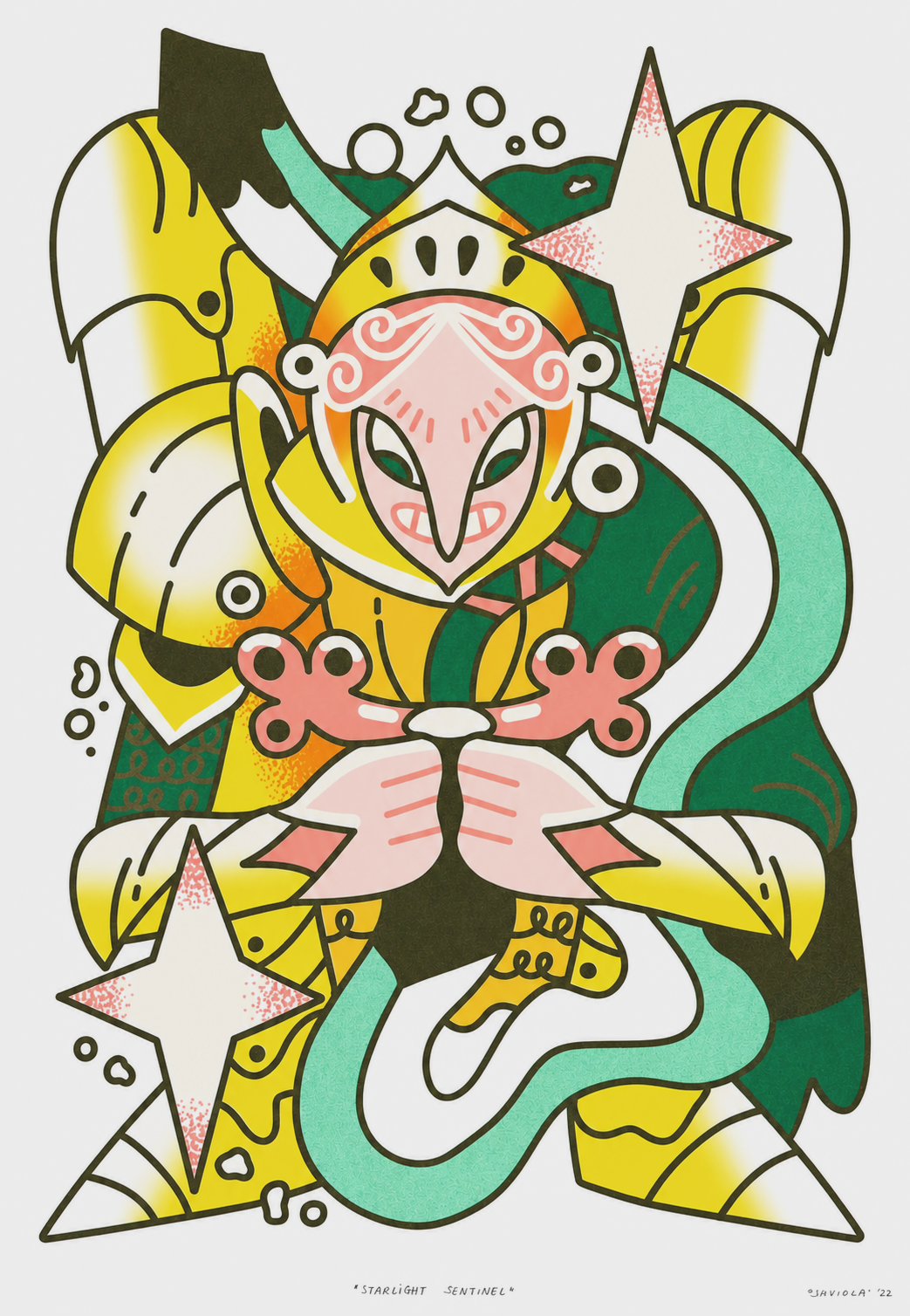 Starlight Sentinel risograph art print by Auwnanas featuring a stylized warrior figure with stars, bold yellow and green tones, and dynamic abstract shapes in A3 format