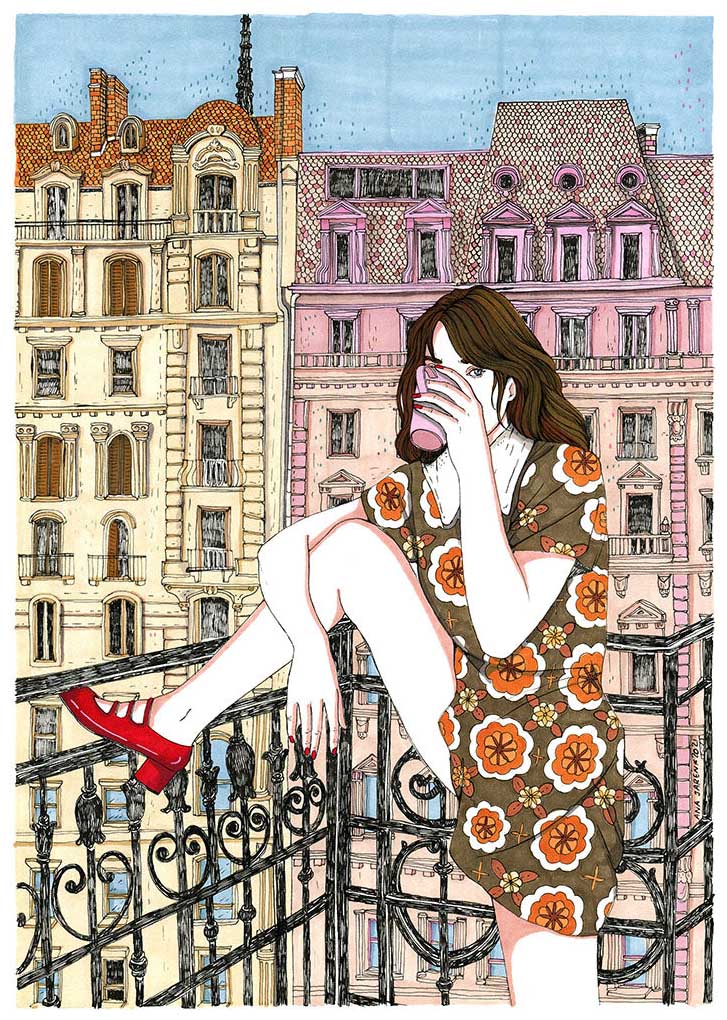 A4 illustration print by Spanish artist Ana Jarén – woman in retro floral dress enjoying coffee on a Paris-style balcony, with pastel architecture in the background, printed on acid-free 200 gsm paper – feminine, urban art for modern interiors.