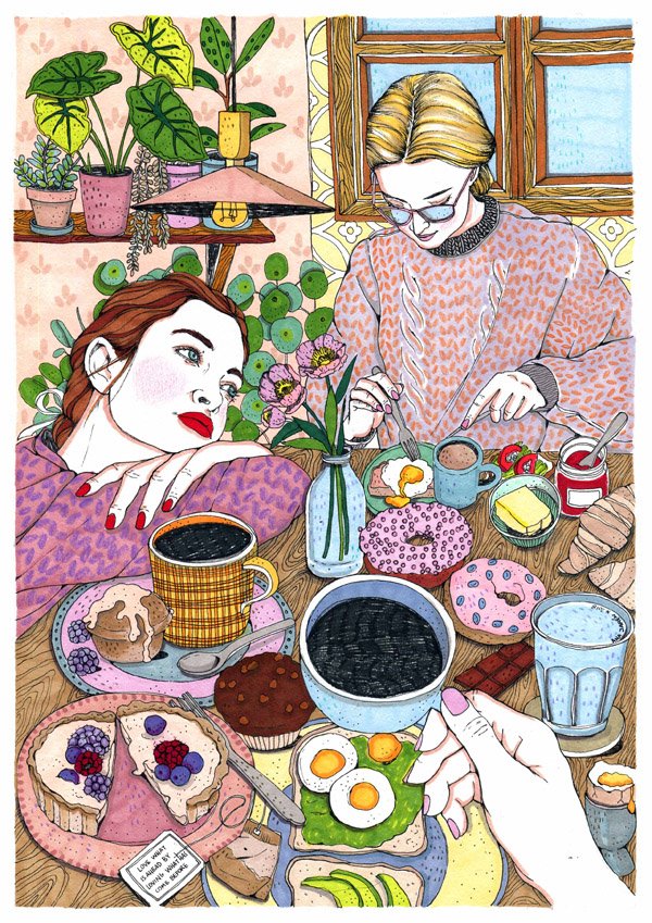 Art print by Ana Jarén featuring a dreamy breakfast table filled with pastries, fruit, coffee, and colourful details, with a young woman resting her head, illustrated in delicate lines and vivid colours.