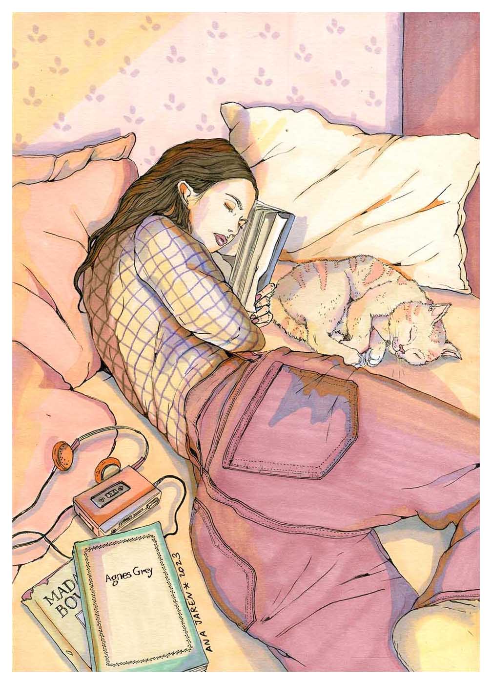 Illustration of a young woman napping with a book in hand, a sleeping cat beside her, and vintage objects like a Walkman on the bed – Morning nap by Ana Jarén, A4 art print.