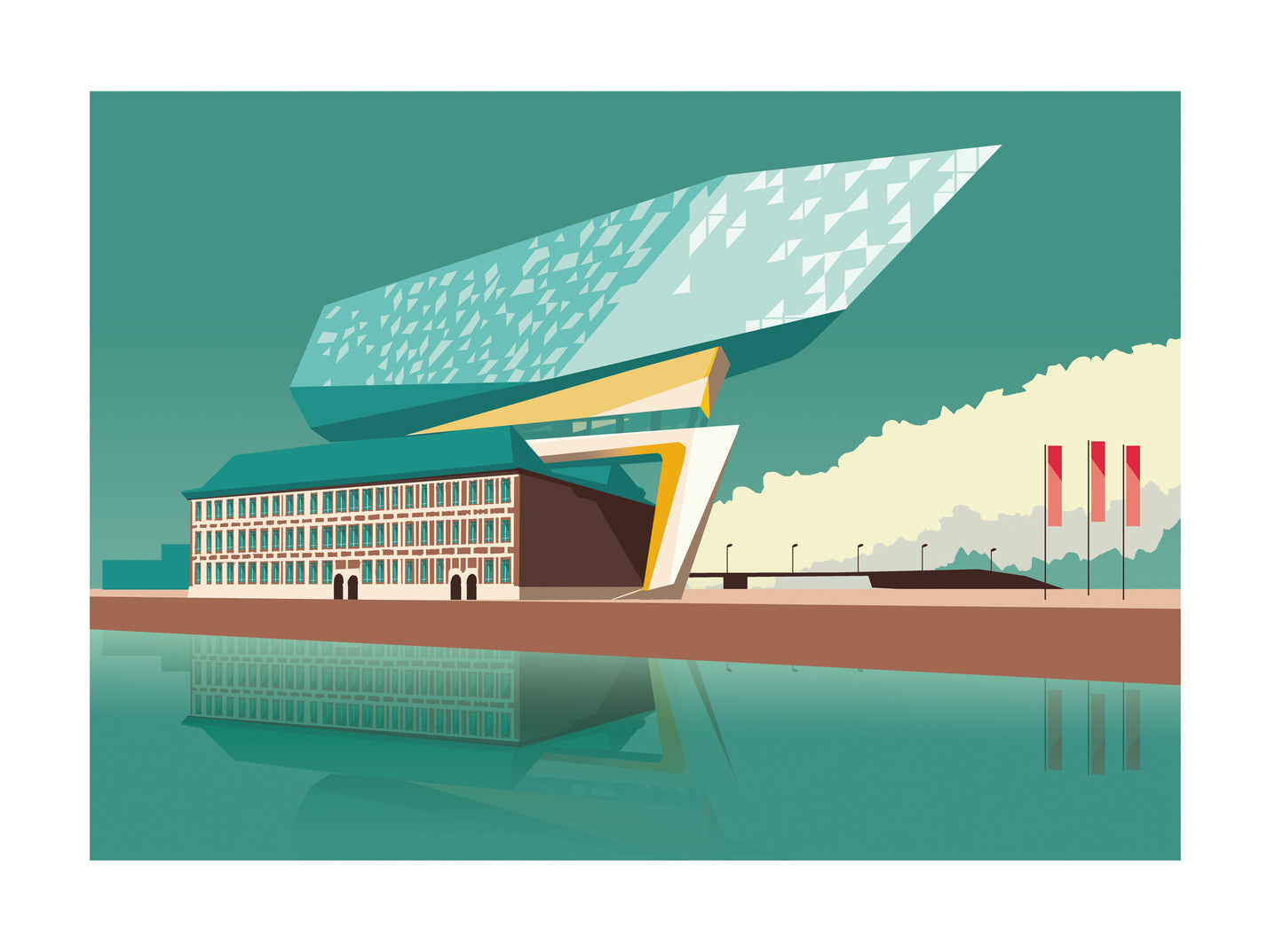 Digital illustration of the Havenhuis Antwerp building by Studio Frits – modern architectural landmark with futuristic glass design over historic base, reflected in turquoise water, printed as a 30x40 cm Belgian art print.