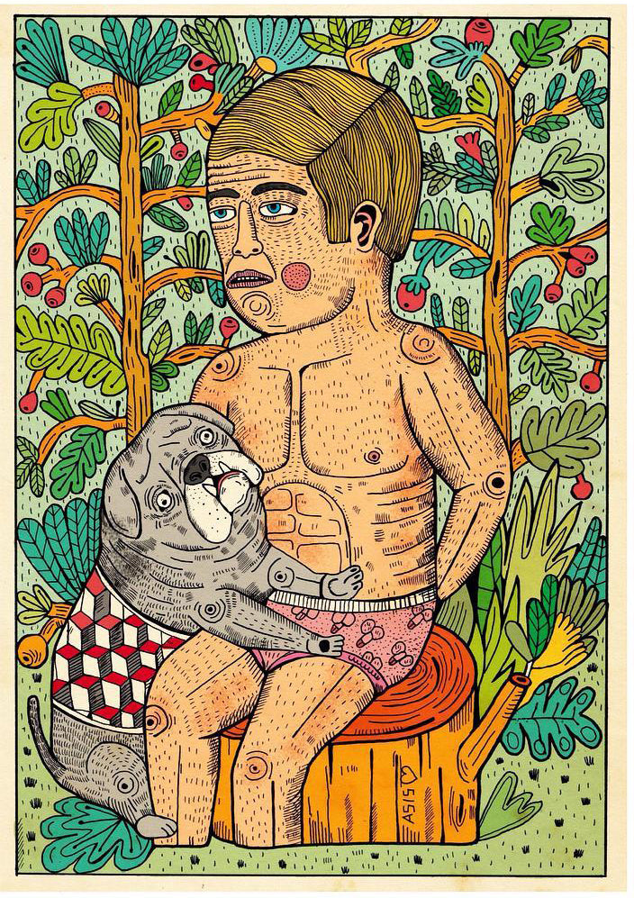 La perrita Canela by Asis Percales – A3 art print featuring surreal man and dog in a colorful forest, Spanish circus and tattoo-inspired illustration full of humor and symbolism.