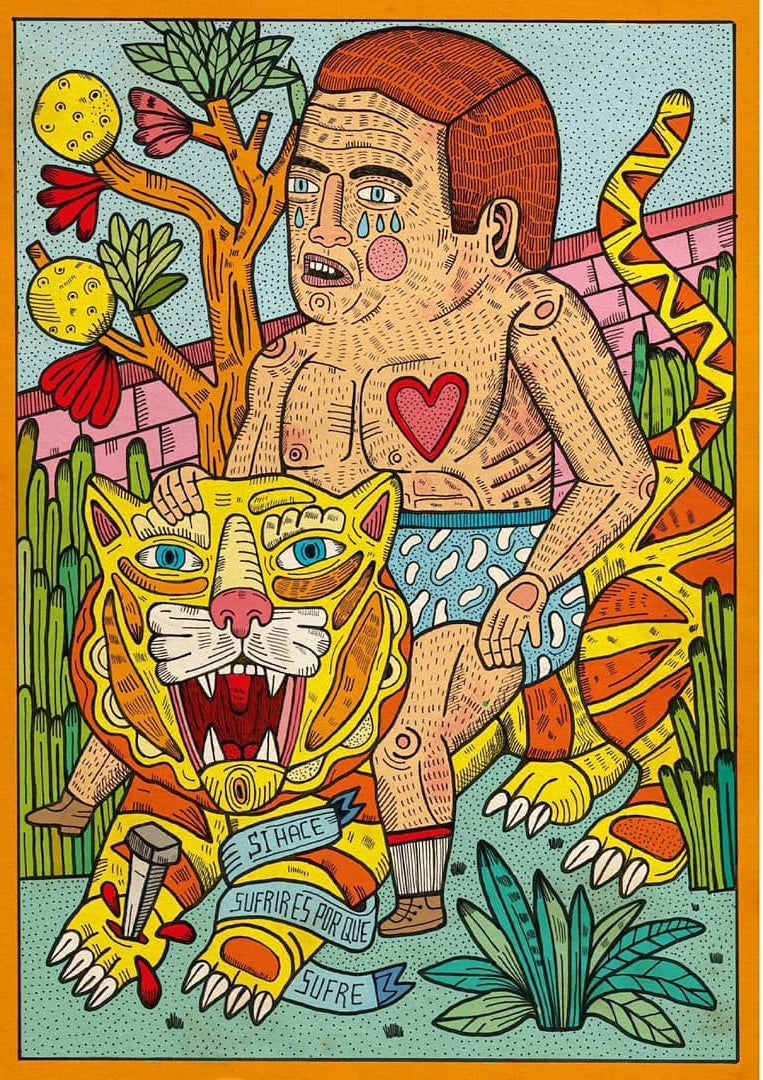 Si hace sufrir es porque sufre by Asis Percales – A3 art print with man riding tiger, tattoo-inspired Spanish illustration blending circus aesthetics, symbolism, and bold colors.