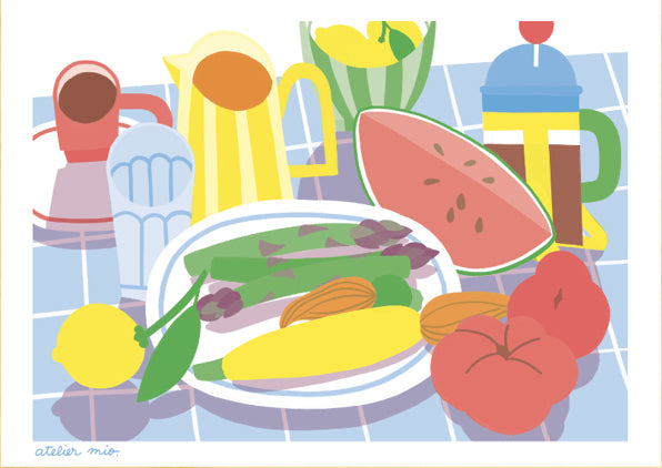 Colorful risograph art print titled Table d'été by Atelier Mio, featuring a still life of summer vegetables and tableware on a tiled surface. Printed on A3 Munken Print White paper in a signed and numbered limited edition of 100. Vibrant kitchen or dining room wall decor with Mediterranean charm.