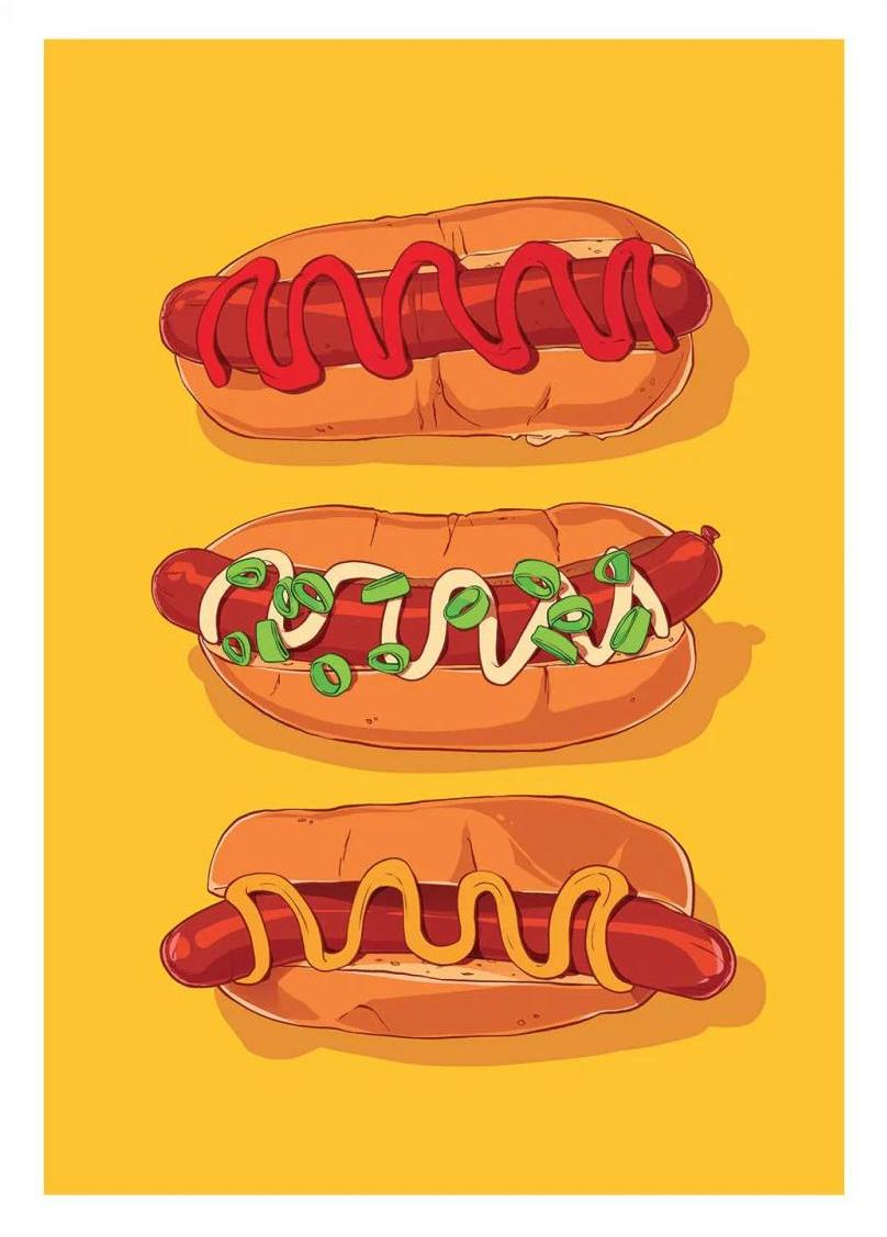Pop art food illustration of three hotdogs on a yellow background, modern kitchen wall art by Barrie Jones, bold graphic food print.