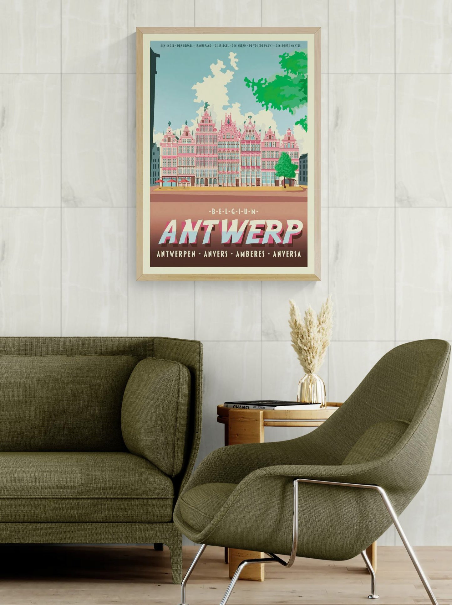 Large architectural digital art print of Antwerp Grote Markt, featuring Renaissance guildhalls, historic façades, and bold graphic colors by Belgian illustrator Gert Paenen.
