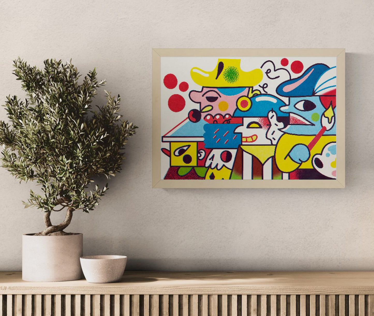 Vibrant A3 risograph print “Plaza Parade” by Auwnanas featuring bold geometric shapes, colourful surreal characters and playful street-parade energy; limited edition modern art print made in Belgium, perfect for contemporary interiors and design lovers seeking bright, quirky wall art.