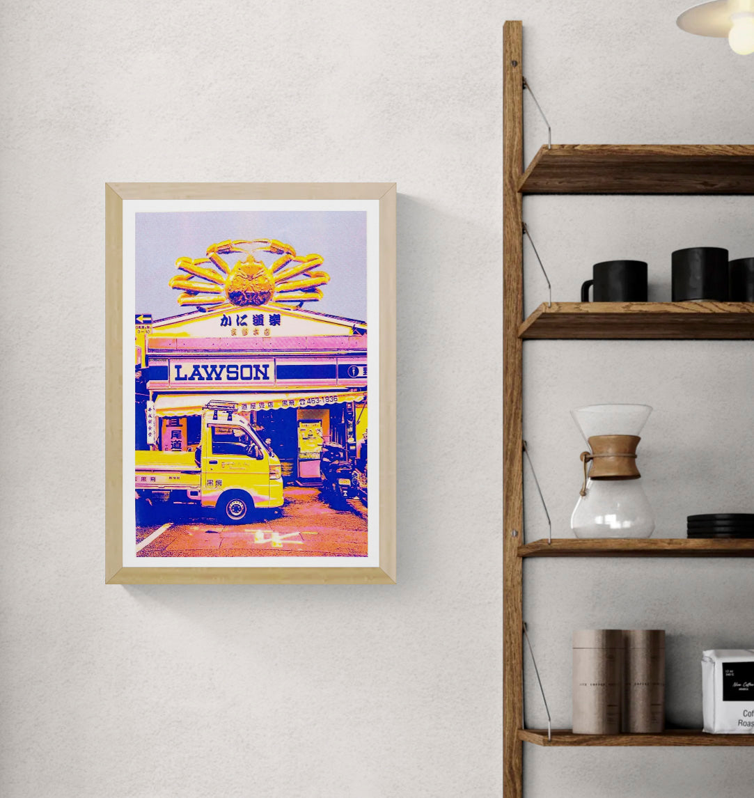Neon Japanese risograph art print of a crab storefront and yellow delivery truck by PTRVRKD, A3 size, printed on Munken Pure Rough paper, vibrant modern Japan street scene illustration for home and office wall decor.