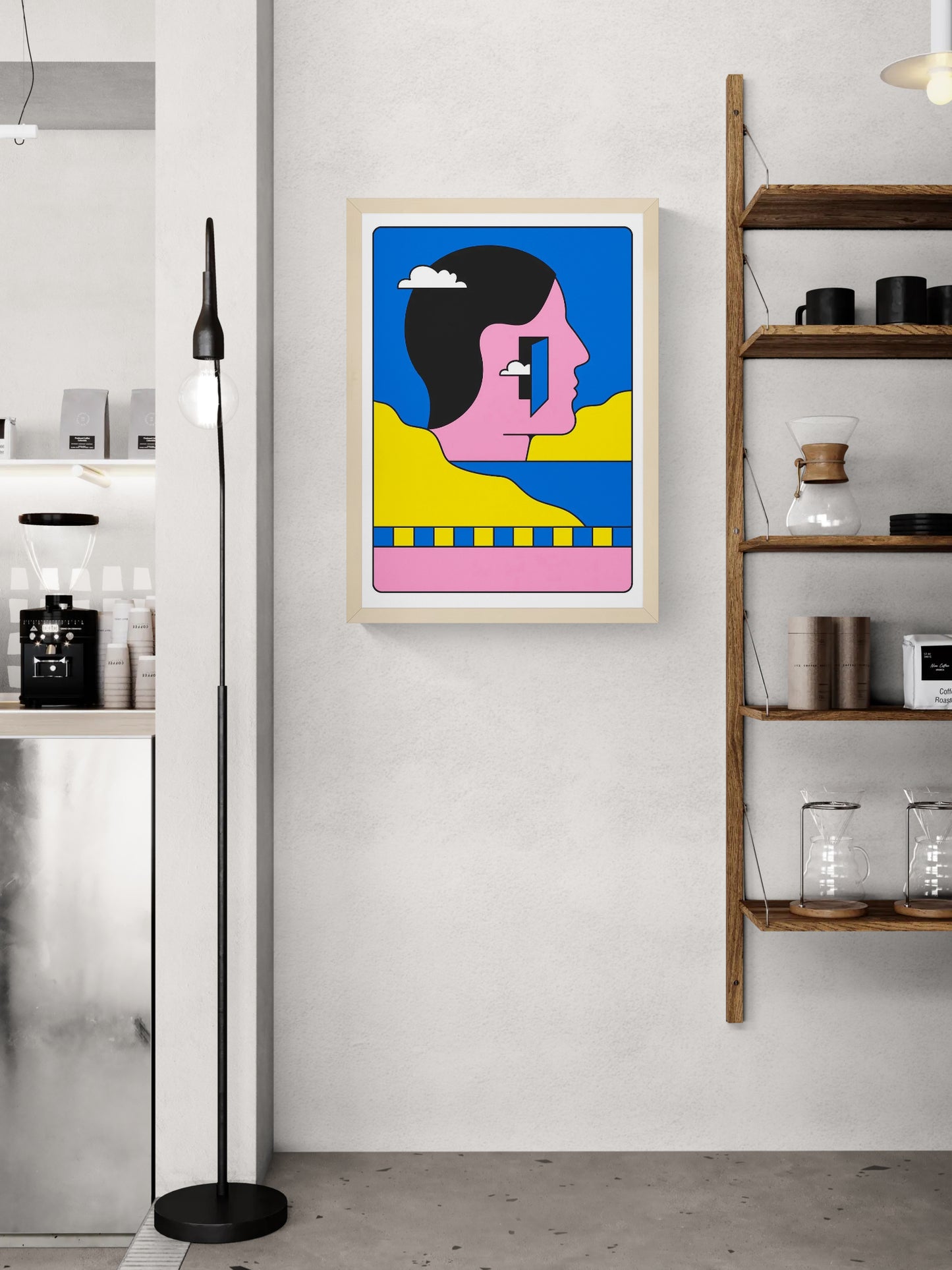 Wanderer limited silkscreen art print by PTRVRKD featuring a graphic profile portrait with bold pink, blue, and yellow shapes, hand-pulled 4-color screenprint.