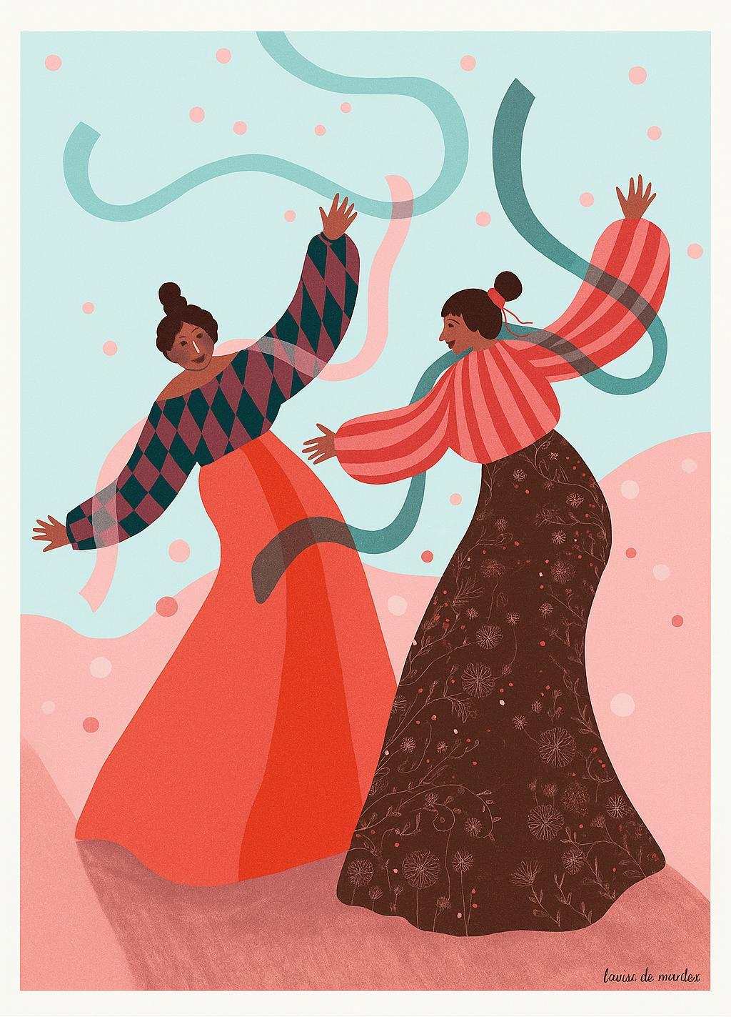 Joyful art print titled De dans by Belgian illustrator Louise de Meester, featuring two women dancing with flowing ribbons in a colorful landscape, printed in Belgium on high-quality A3 paper.