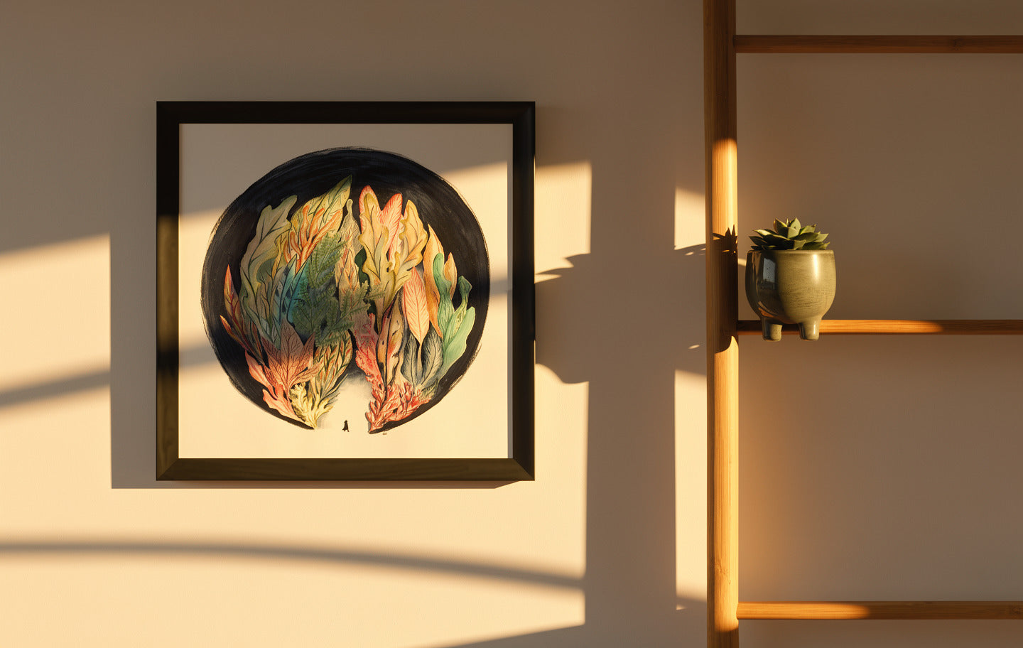 Square art print “Bos” by Kim Timmermans, watercolor-style nature illustration with green tones, minimalist wall art for calm modern interiors and home decor.