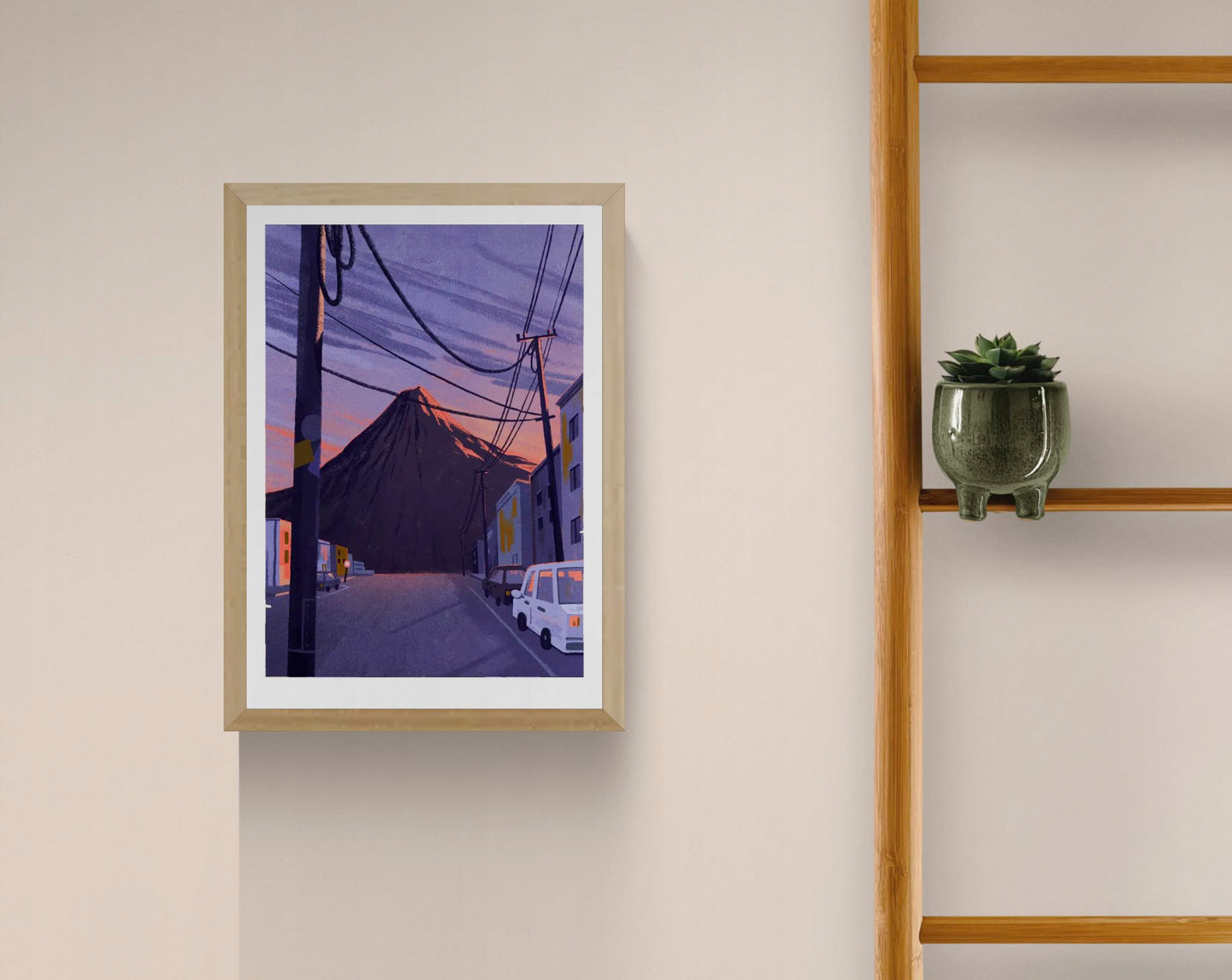 Illustration by Linde Raats showing Mt Pico volcano towering behind a quiet urban street at sunset, with deep purples, soft orange hues, and power lines cutting through the scene – 21x29.7 cm giclée print perfect for dramatic modern interiors