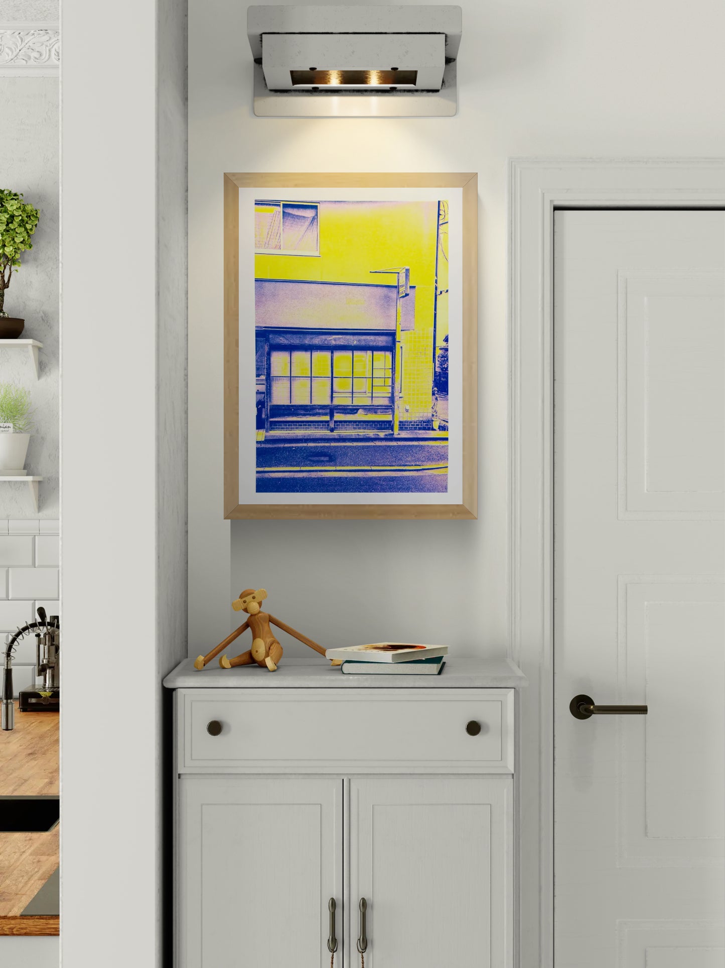 Limited edition A3 risograph print by PTRVRKD depicting a minimalist Kyoto house front in bold neon yellow and deep blue tones, Japanese architectural details, modern graphic style, contemporary wall art for home decor, perfect for Japan lovers and design enthusiasts.
