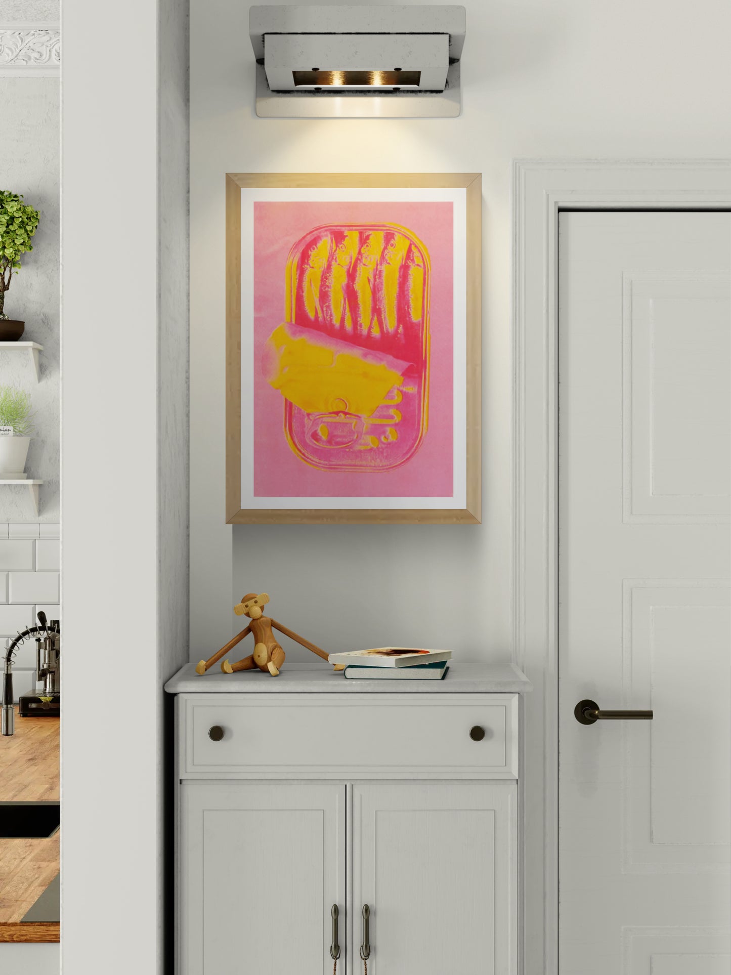 Neon pink and yellow sardines can risograph print by PTRVRKD, pop art wall print available in A4 and A3, modern graphic illustration from Galerie Frits