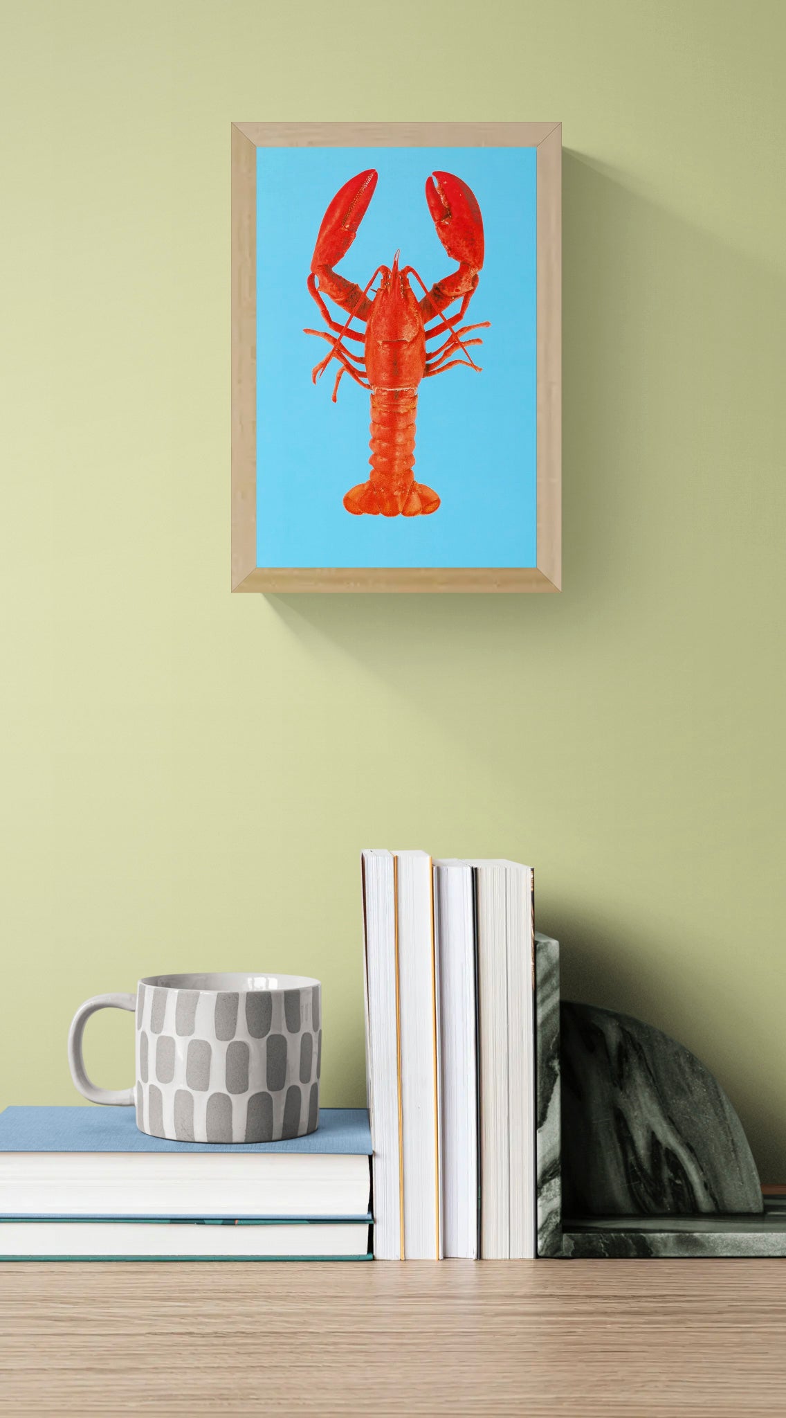 Colorful lobster illustration on bright blue background by Dutch artist PTRVRKD – A5 off-set art print on Biotop paper, perfect for modern home or kitchen decor