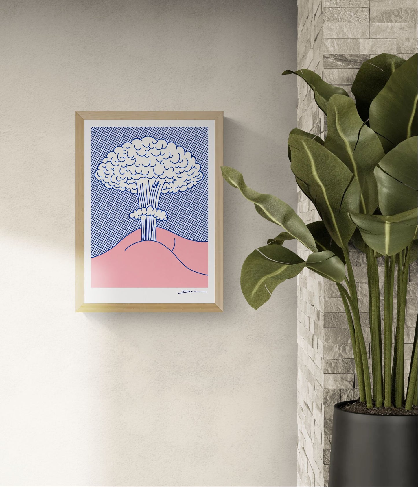 Minimalist pop-art illustration of a mushroom cloud in blue and pink tones, digital print by Studio Stoutpoep. Bold graphic lines, playful humor, vertical composition, ideal for modern wall art and contemporary home decor.