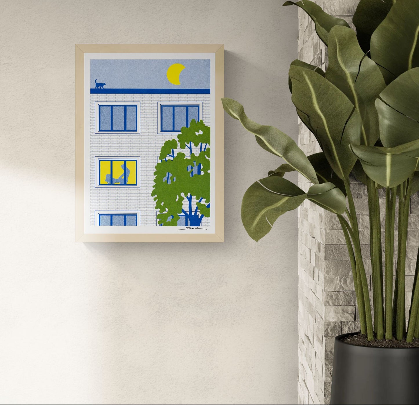 A3 risograph print of a modern apartment building at night with a bright yellow moon, rooftop cat, glowing window and playful silhouette scene, printed in bold blue, green and yellow tones. Contemporary humorous wall art for modern interiors.