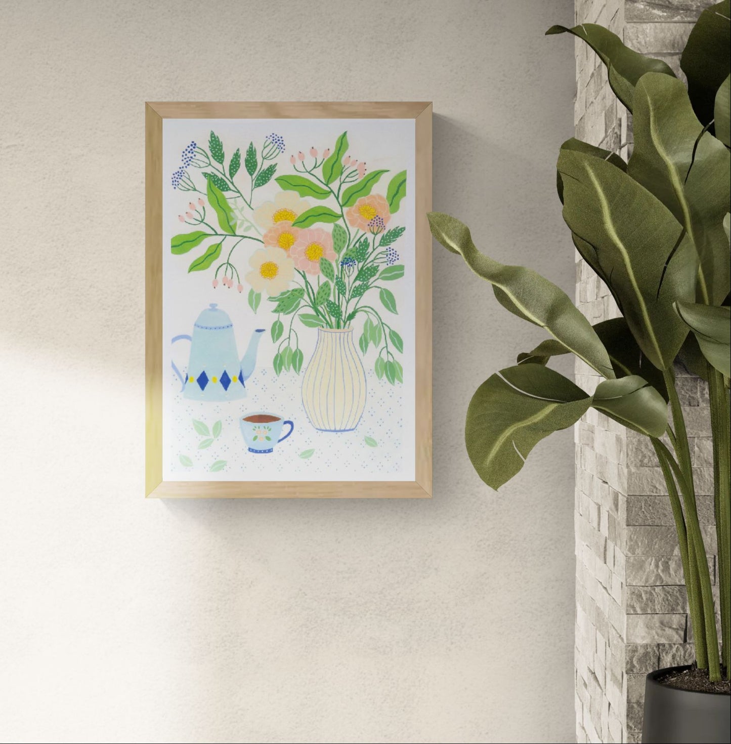 A3 art print "Afternoon Tea" by Leens featuring a pastel floral bouquet in a striped vase, vintage teapot, teacup, and dotted tablecloth. Perfect artwork for kitchens, tea lovers, or serene home corners.