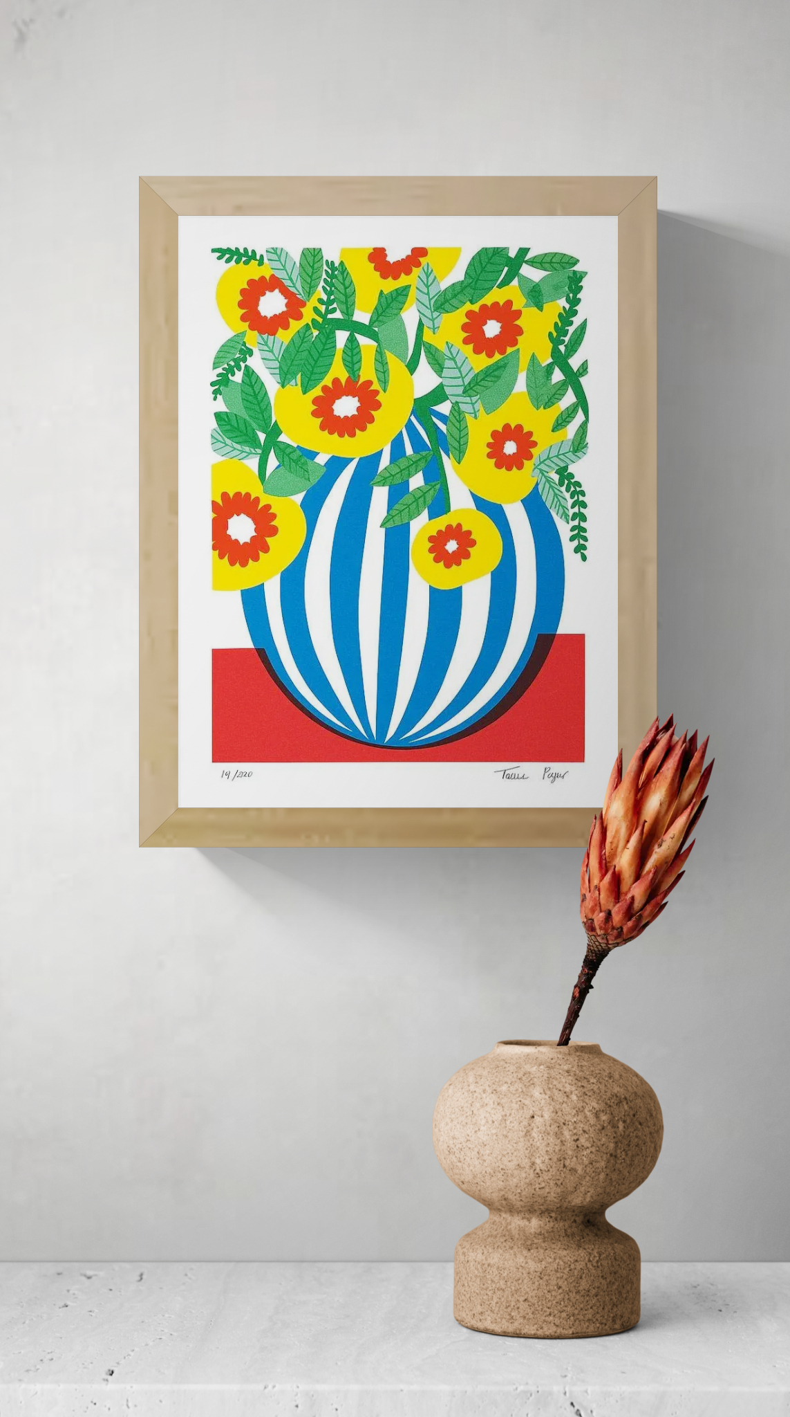 Blue Stripes Pot by Teresa Rego – colorful botanical art print featuring a bold blue-and-white striped vase with vibrant yellow, red, and green flowers, modern floral illustration for home decor, available at Galerie Frits