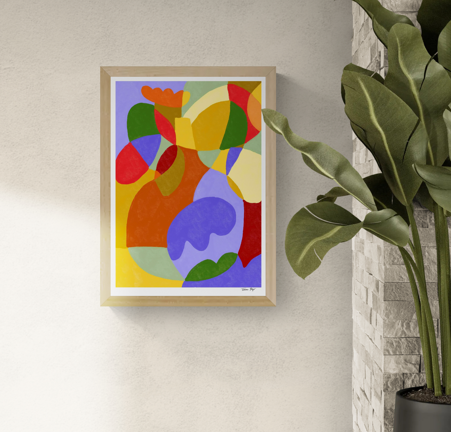 Abstract art print titled Lavender Autumn by Portuguese illustrator Teresa Rego, featuring bold, colorful organic shapes in red, lavender, yellow, and green – A3 print on 300g Munken paper.