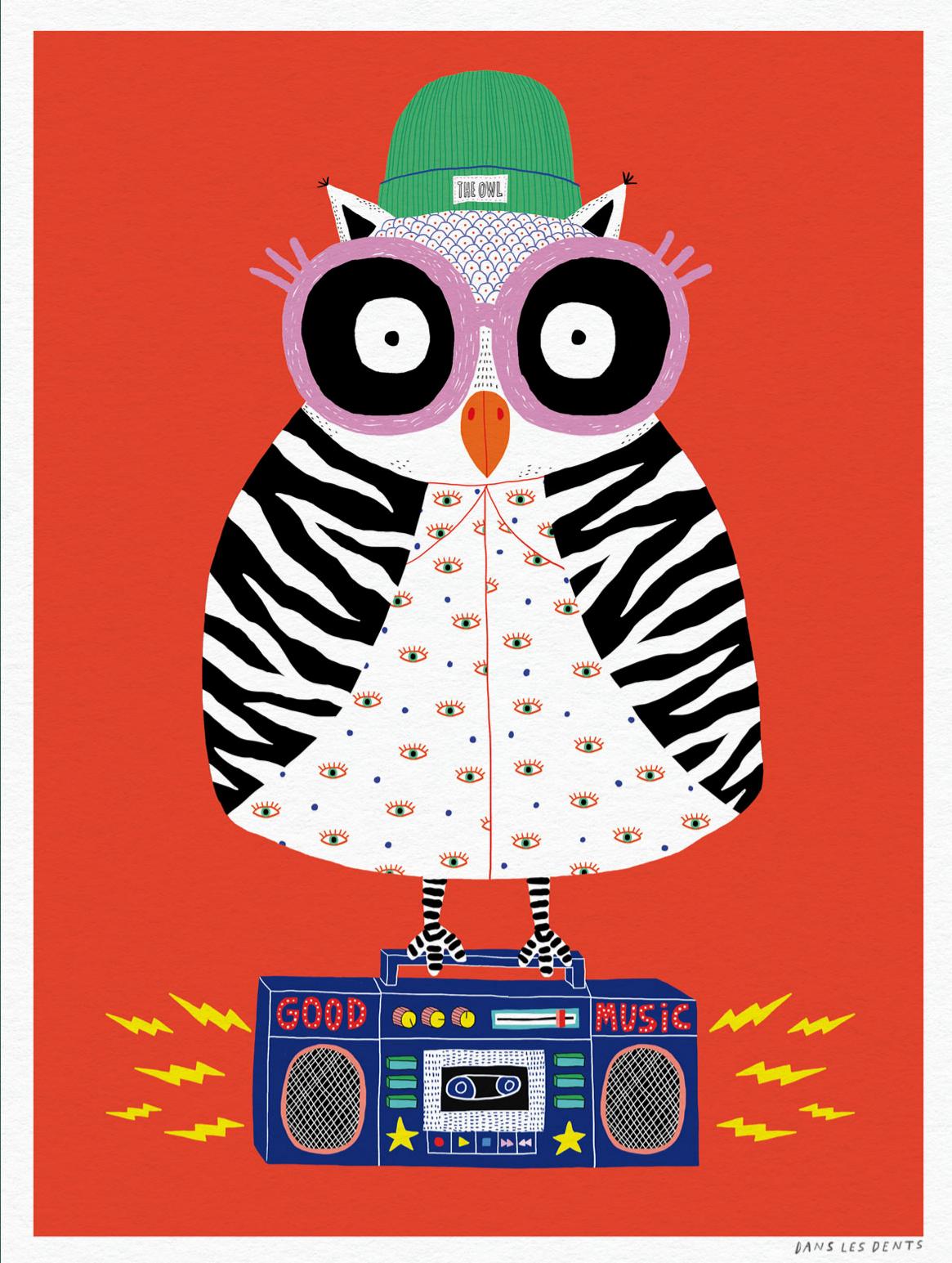 Colourful digital art print by Dans les Dents featuring a playful owl with oversized glasses, green hat, patterned outfit, and a blue boombox on a bold red background.