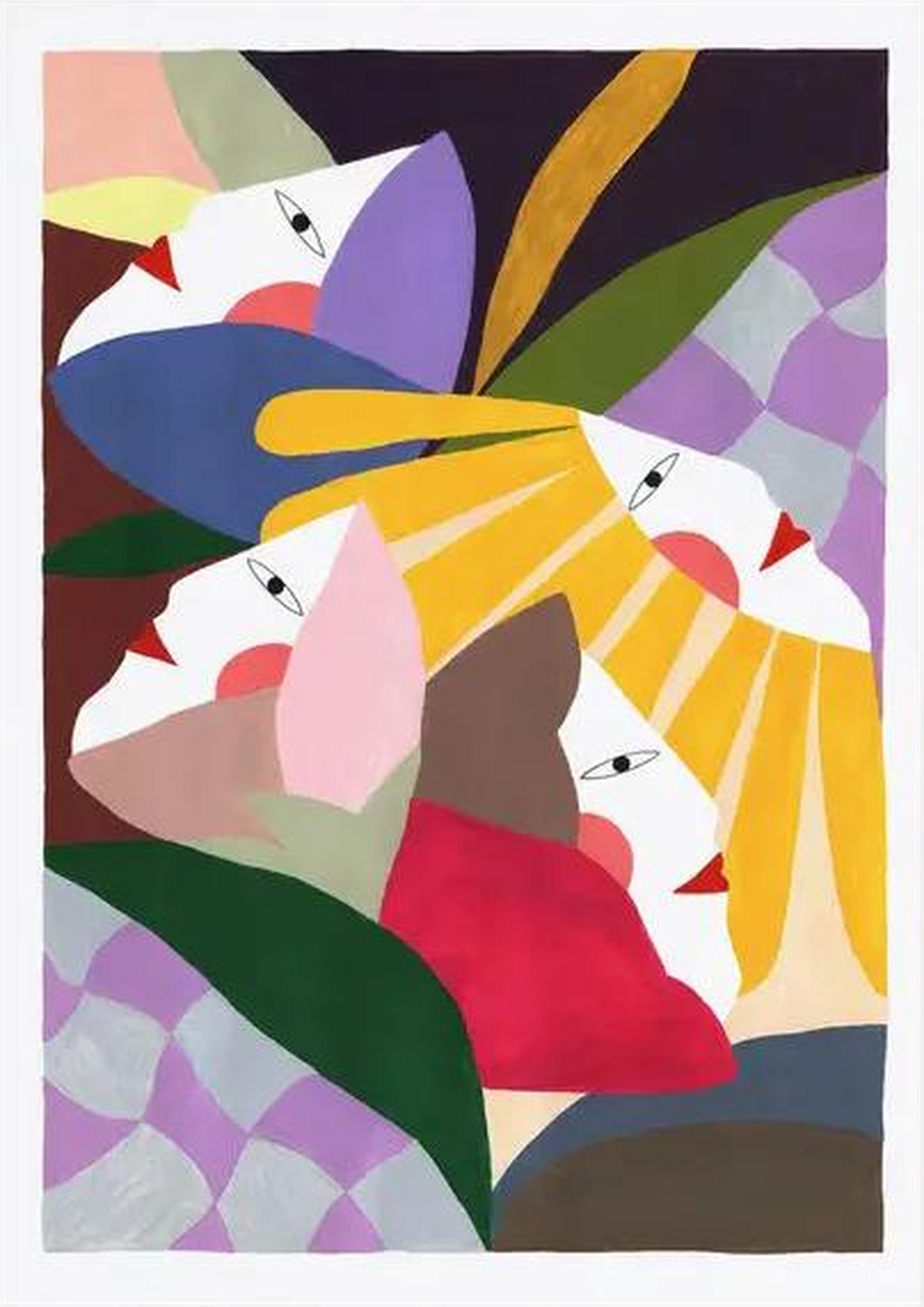 Colorful abstract art print titled Flowers & Woman by Depeapa, featuring stylized female faces surrounded by bold geometric flower shapes and organic forms in vibrant pink, yellow, purple, and green tones – modern wall art perfect for lovers of feminine, floral, and contemporary illustration.
