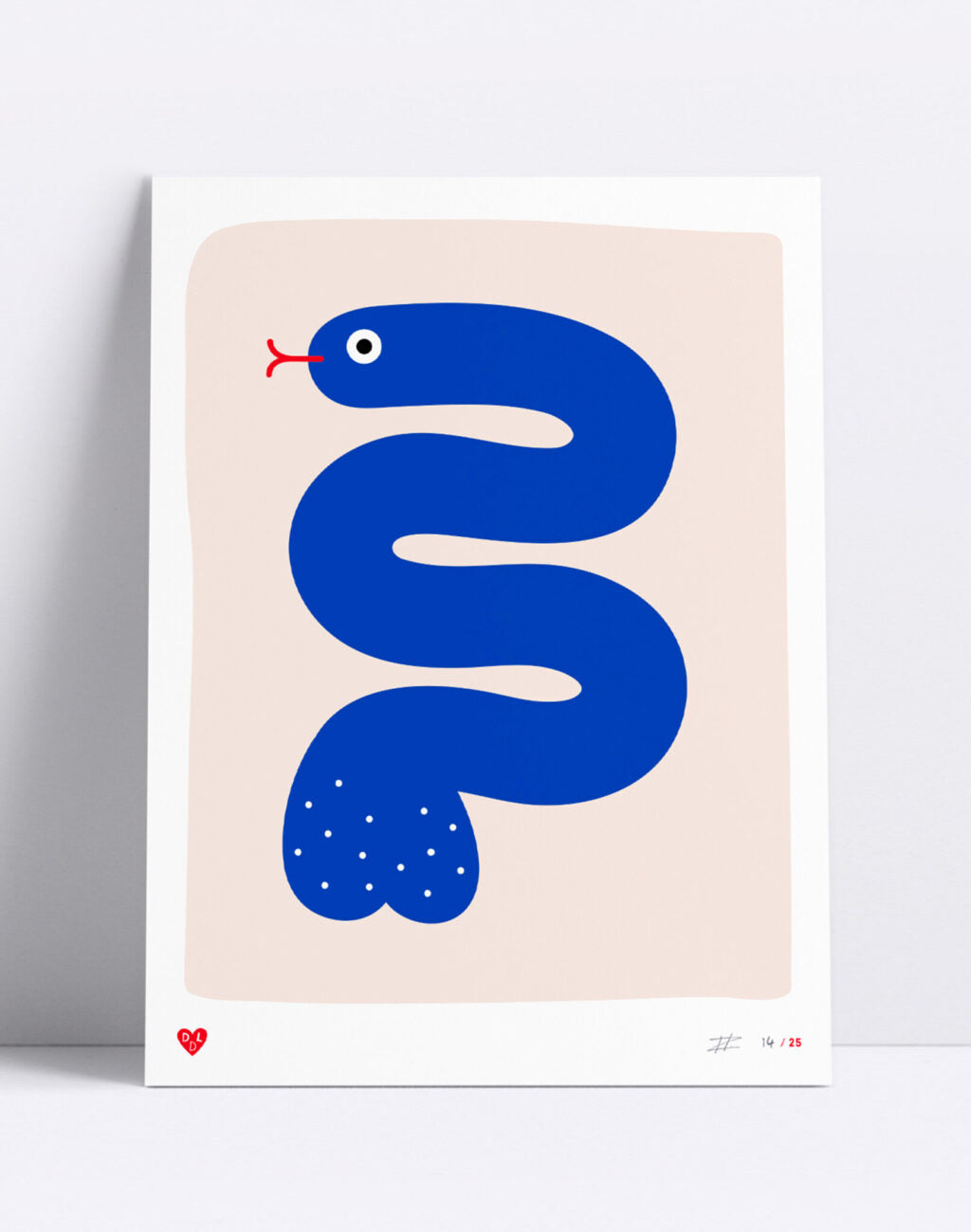 30 x 40 cm limited edition screen print titled Trouser Snake by Dicks Don’t Lie. Features a stylized, minimal blue snake with a humorous double meaning, printed in 4 vibrant colors. Hand-printed in the Netherlands, signed by the artist, edition of 25.