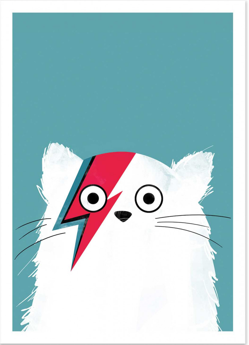 Cat Bowie White by Doozal – 30x40 cm art print of a white cat with David Bowie’s iconic red lightning bolt face paint on a teal background. Fun pop-culture wall art for kids’ bedrooms or modern interiors. Printed in France/EU on FSC-certified eco-friendly paper, unframed poster.