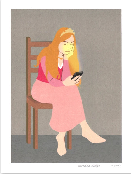 Giclée art print titled "Wait" by French illustrator Doriane Millet, showing a seated woman with long orange hair gazing at her phone, in soft pink tones and minimalist style. Printed on fine art archival paper, limited to 100 copies.