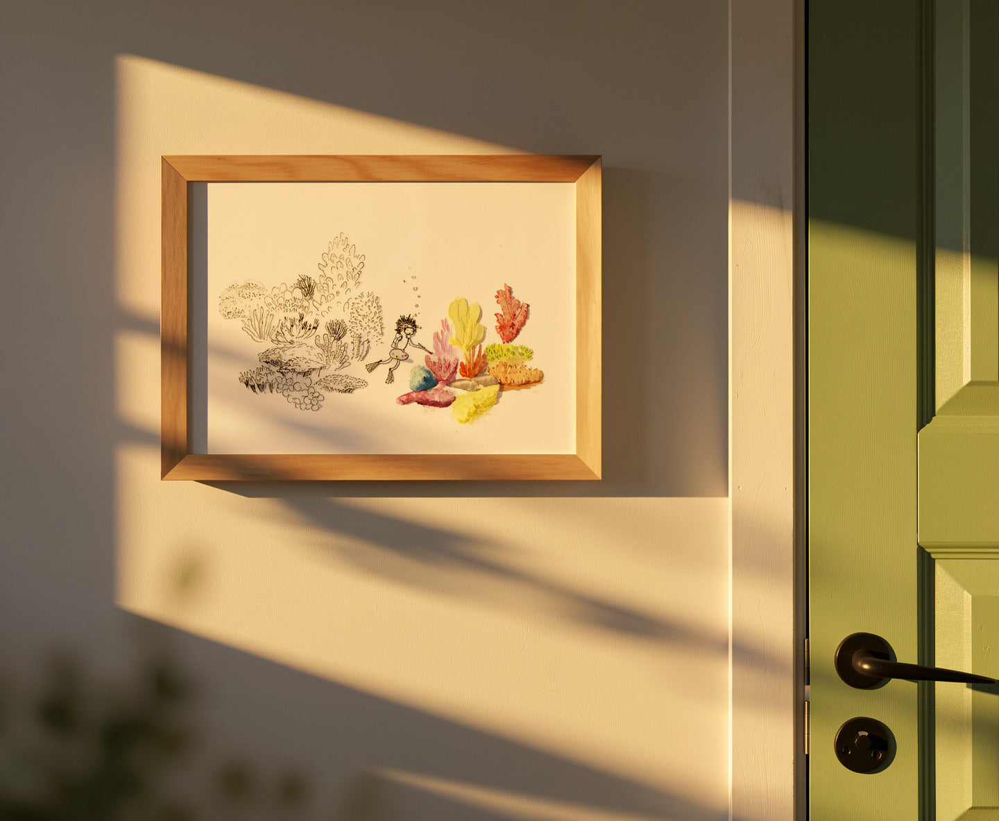 Giclée art print “Coral” by Willy Leung, A4 underwater illustration with soft watercolor tones, calm minimalist wall art for modern home decor.
