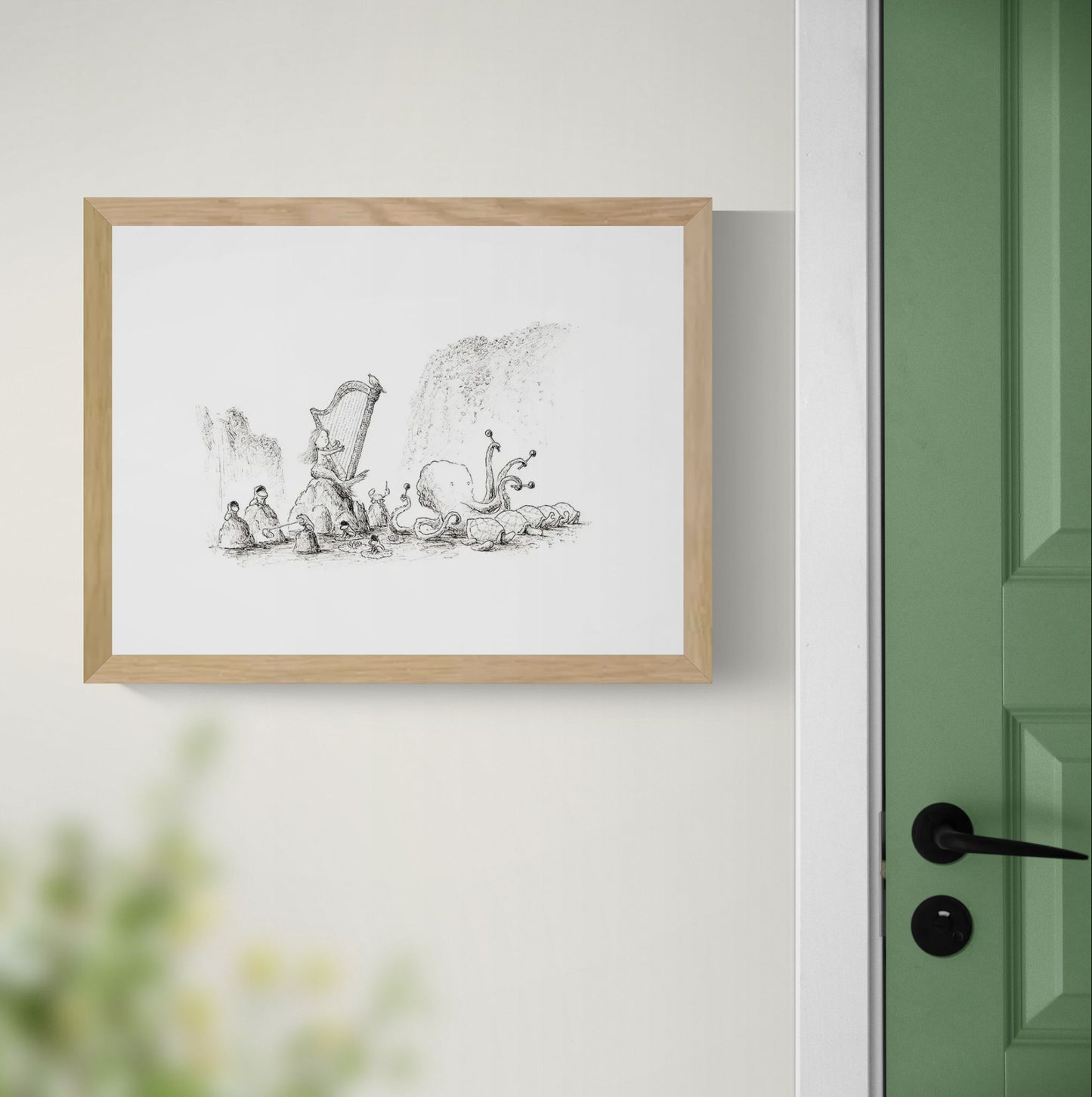 Surreal black-and-white illustration of a harp surrounded by whimsical animals and mythical sea creatures, printed as an A4 giclée on Hahnemühle Photo Rag paper. A horizontal fine art print for peaceful, imaginative home decor.