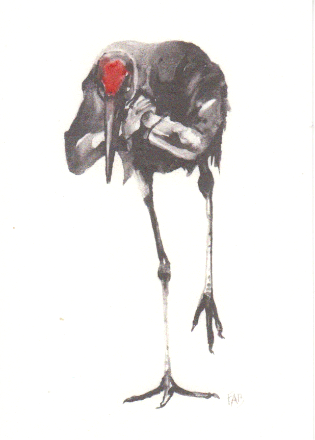 Expressive art print of a black bird by FAB titled 'Black Bird' – minimalist illustration featuring a solitary bird with a striking red head, rendered in delicate watercolor tones. Contemporary avian artwork with emotional depth, perfect for modern interiors and bird art collectors