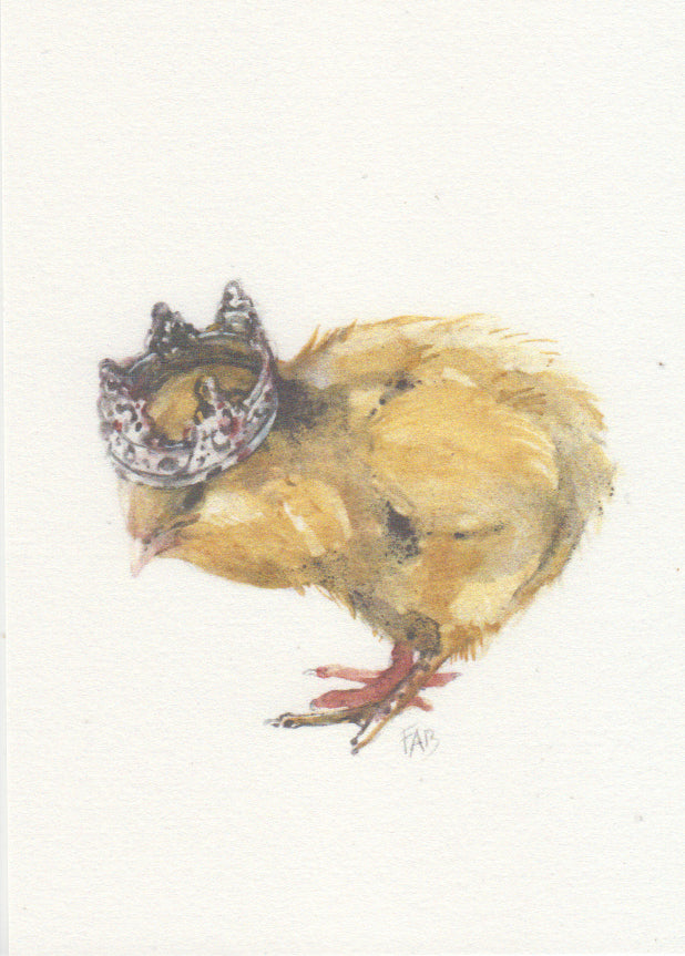 Watercolor-style A6 illustration of a fluffy yellow chick wearing a royal crown on textured paper – King Chick by Belgian artist FAB.