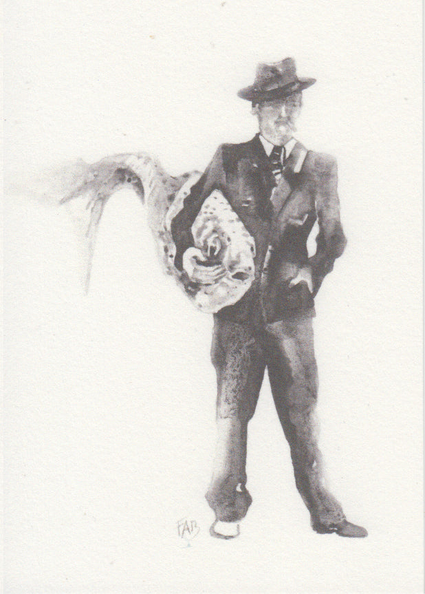 Surreal black and white illustration of a man in a suit holding a large fish in place of his torso – Man with Fish by Belgian artist FAB, A6 art print.