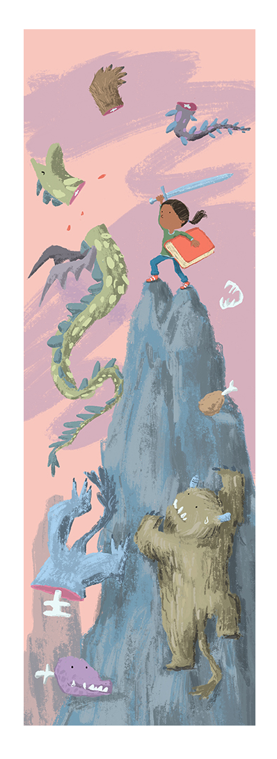 Fantasy giclée art print by Willy Leung in vertical format showing a whimsical fantasy scene with creatures and a child hero, printed on fine art paper.