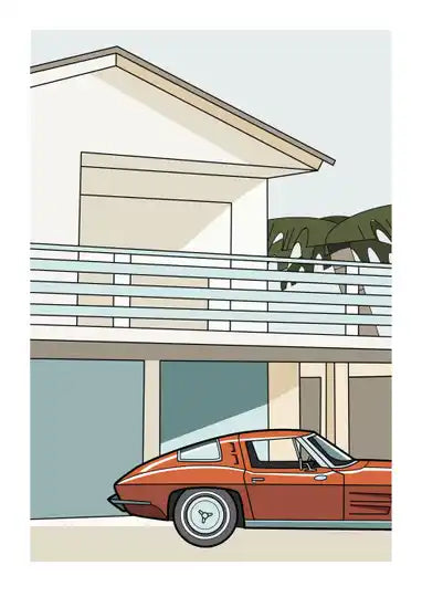 Digital illustration of a retro red sports car parked in front of a minimalist modern beach house with palm trees, evoking California style – Malibu by Floor 4 Productions.