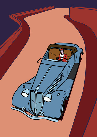 Retro illustration of a man driving a vintage convertible car on a winding road with bold red and purple hues – On the Road by Floor 4 Productions, available as A4 or A3 art print.