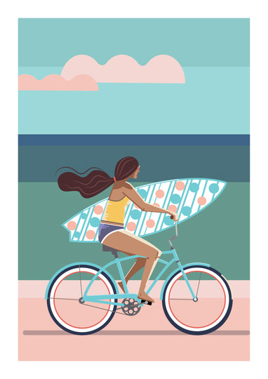 Illustration of a woman cycling along a beach with a surfboard under her arm on a sunny day – Perfect day by Floor 4 Productions, A3 art print made in Belgium.