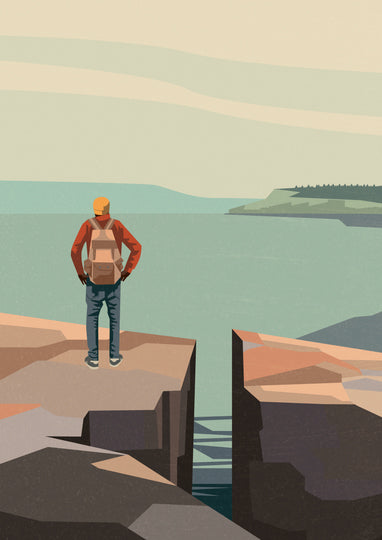 Digital art print “Walk with a View” by Floor 4 Productions, showing a lone hiker with a backpack standing on a rocky cliff, facing the sea and a distant island under pastel skies. Contemporary Belgian illustration.