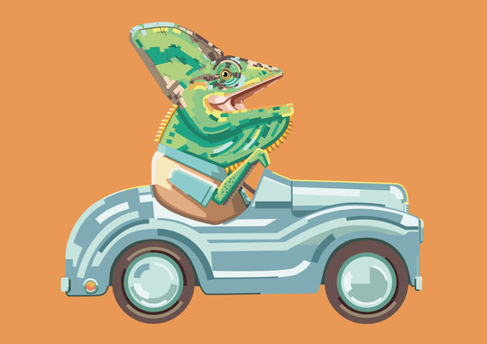 "Fastest and Funniest" by Floor 4 Productions – humorous illustration of a lizard driving a vintage toy car against an orange background, blending retro charm with quirky animal character design, perfect for playful and modern art collectors, available at Galerie Frits