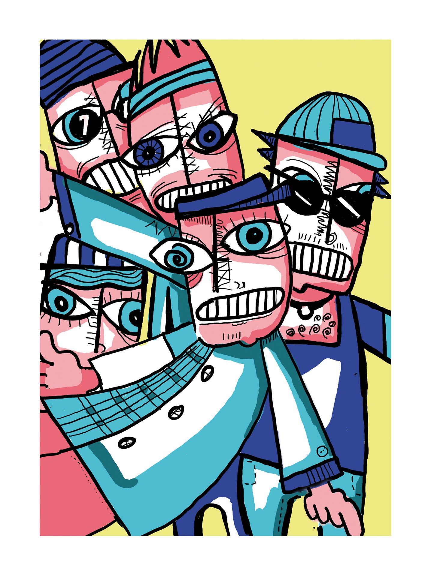 Gang art print by Studio Frits featuring expressive illustrated faces with bold lines and vibrant colors, contemporary graphic wall art printed on premium paper.