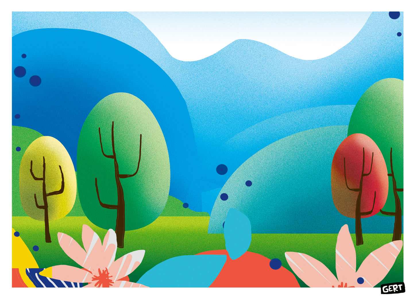 Hills by Gert Paenen, colourful landscape digital art print featuring rolling blue hills, stylised trees, flowers, and vibrant geometric shapes, contemporary wall art for modern home decor.