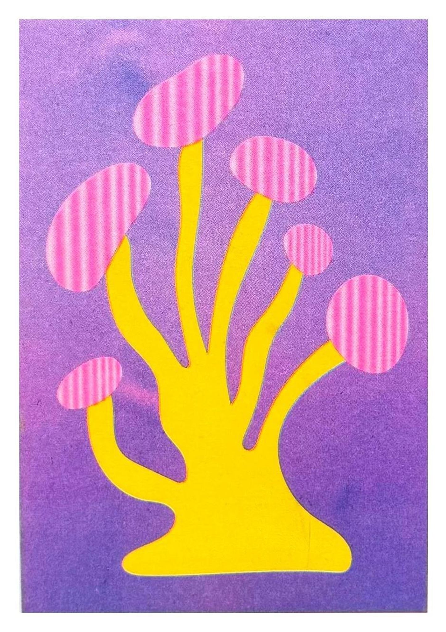 Yellow and pink funky mushroom risograph print by Dutch illustrator PTRVRKD – playful abstract design with organic yellow stems, pink striped mushroom caps, and soft purple background, printed with eco-friendly soy inks on 250 gsm Biotop paper, handmade in the Netherlands – quirky small art print for modern interiors.